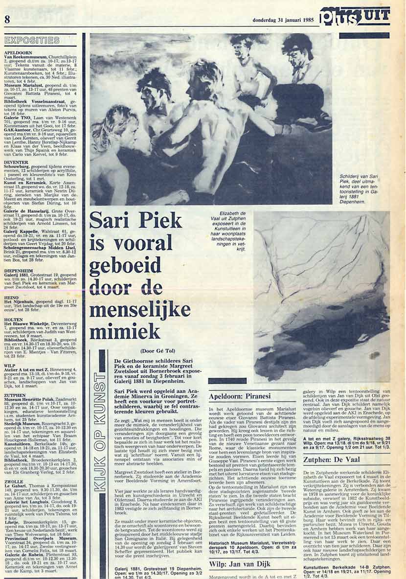 1985 Plus Uit: Sari Piek vooral geboeid door menselijke mimiek 31-01-85 Gé Tol Deventer Dagblad