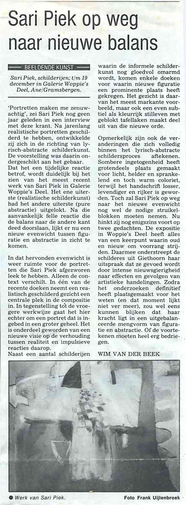 1993 Sari Piek op weg naar nieuwe balans  1-11-93 Wim van de Beek Zwolse Courant