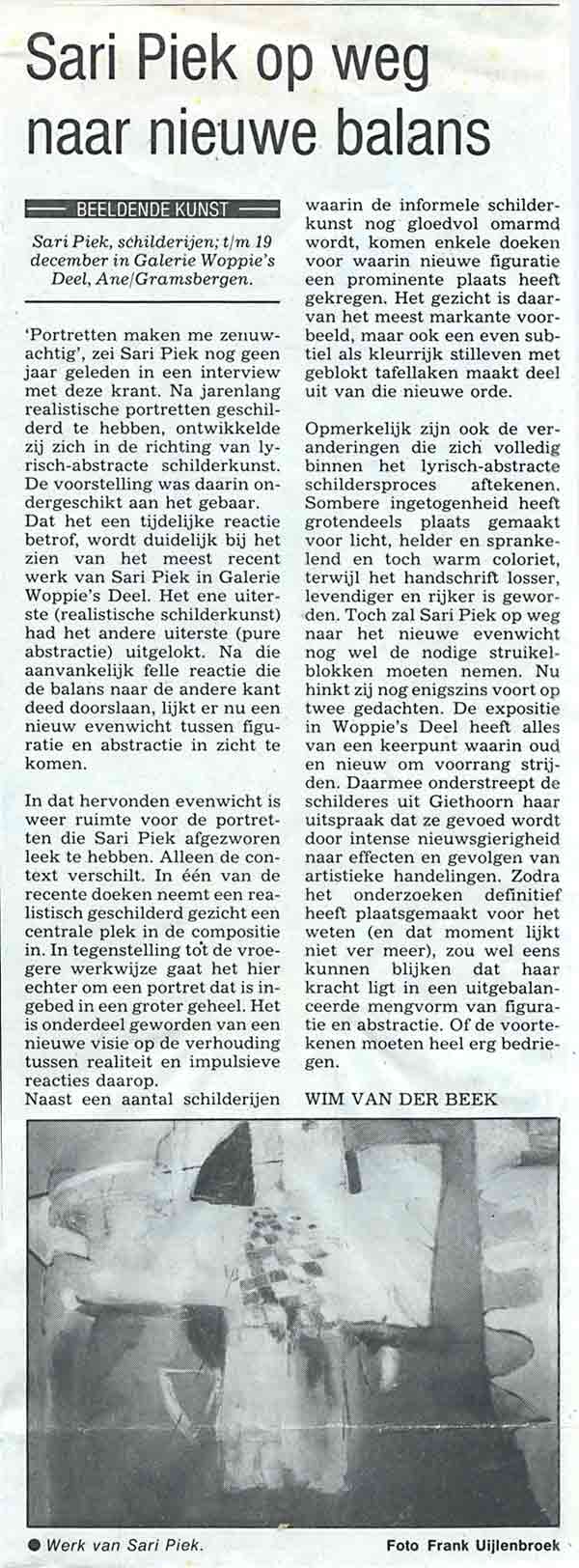 1993 Sari Piek op weg naar nieuwe balans 1-11-93 Wim van de Beek Zwolse Courant