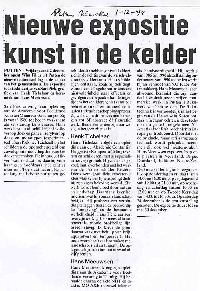 1994 Nieuwe expositie kunst in de kelder. Puttens Nieuwsblad 1-12-94 Puttens Nieuwsblad