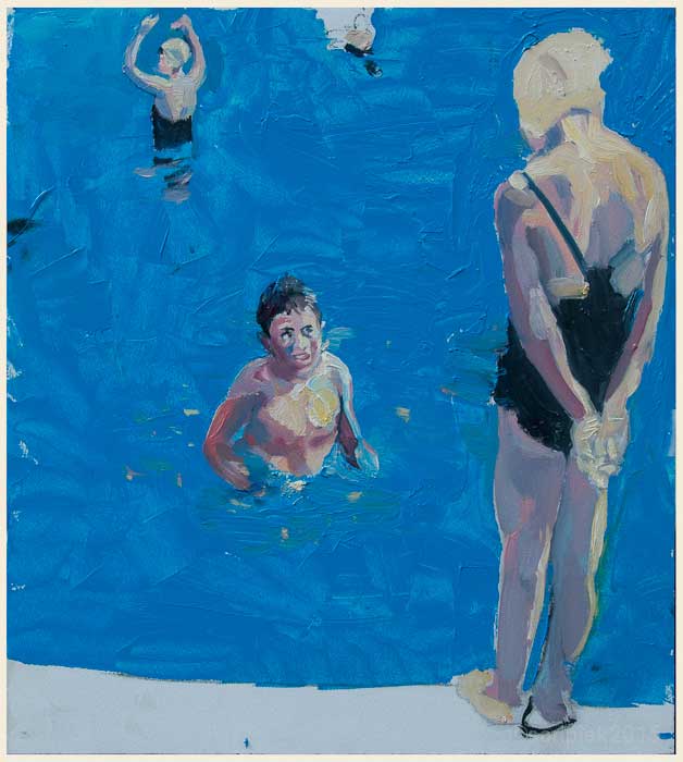 ©saripiek2014 42x45 olieverf op paneel 'zwembadgesprek'